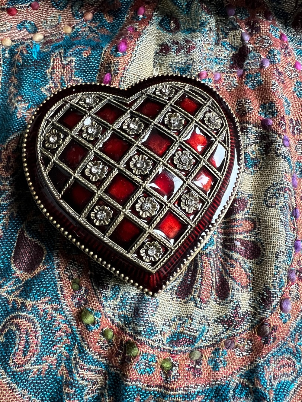 Bombay Company Heart-Shaped Red Enamel Trinket Box with Silver Accents